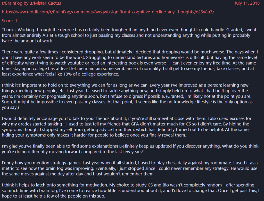 Luigi Mangione´s now-deleted Reddit posts related to brain-fog and brain disease 3